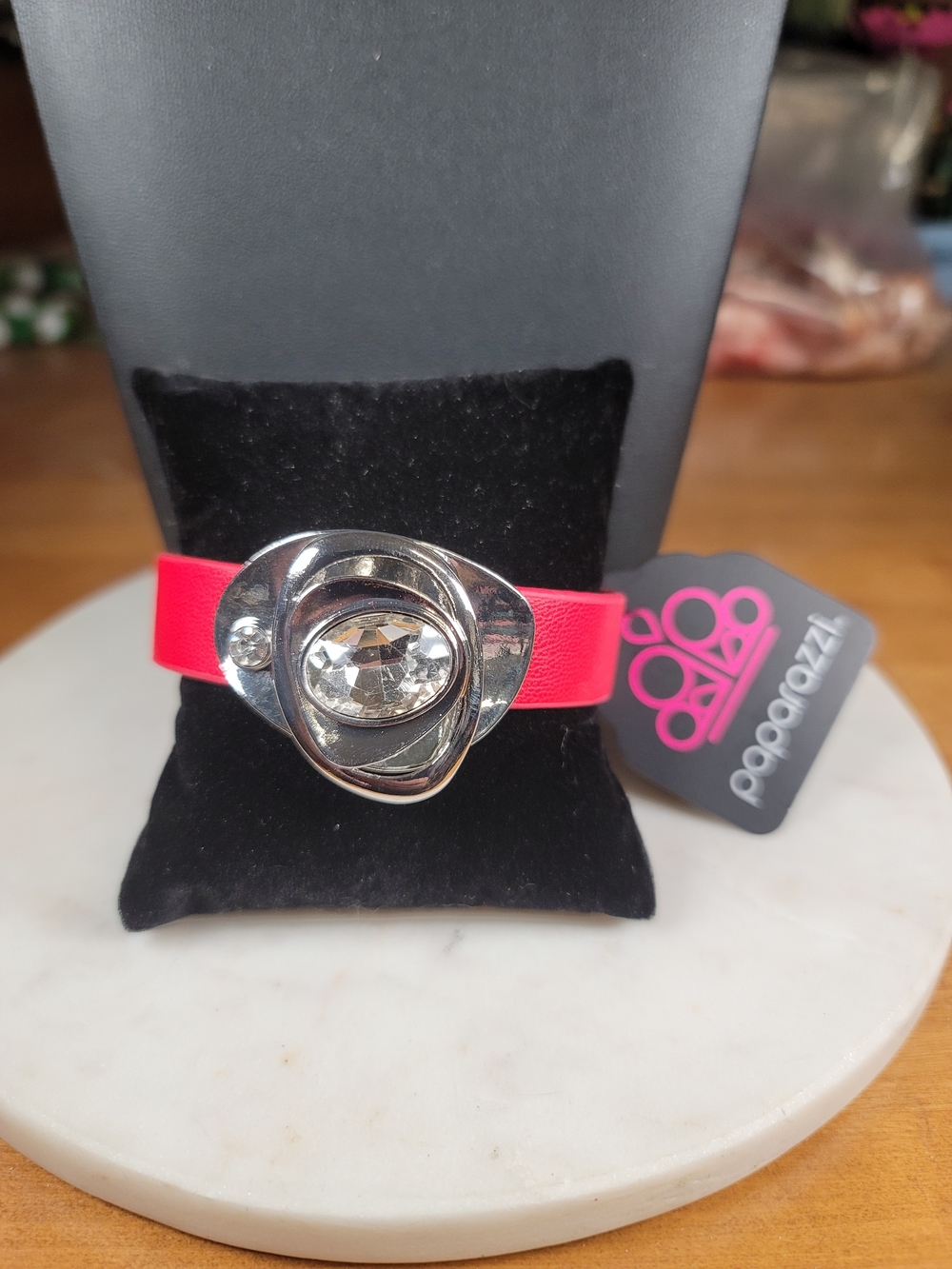 paparazzi Red Faux Leather Bracelet with Crystal Centerpiece